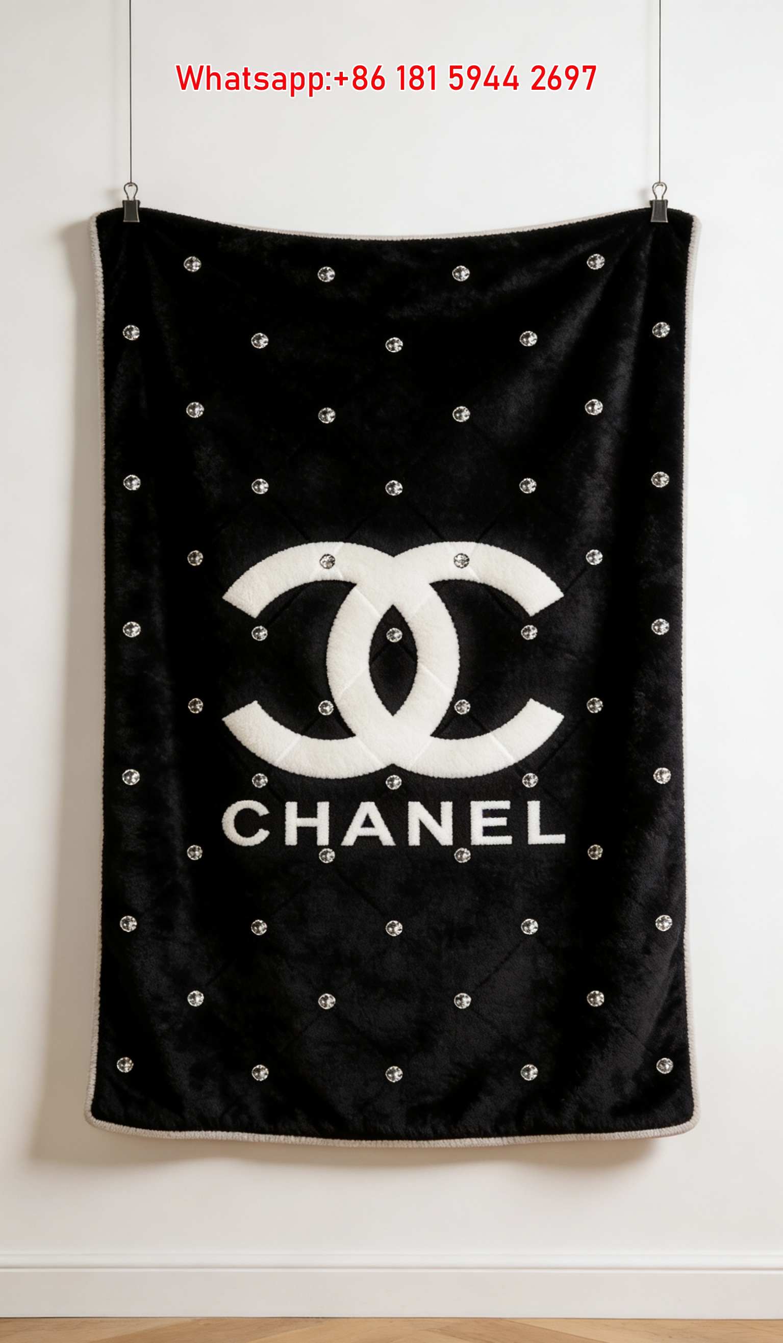 Chanel CC Logo Crystal Embellished Flannel Throw Blanket IMG_7159